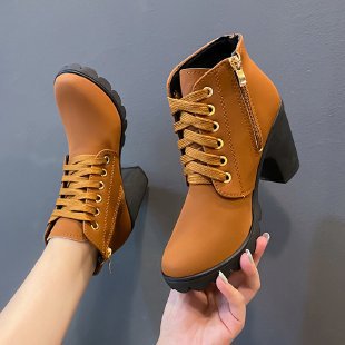 Damen Modische Stiefeletten mit trendigem Schnürung und stabilen Blockabsatz Heidi-Mode