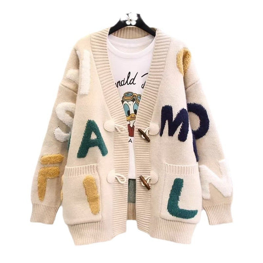 Damen Grobstrick-Cardigan mit bunten Applikationen und großen Taschen Heidi-Mode