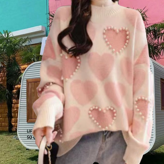 Damen Gemusterter Strickpullover mit Herz-Applikationen und Rippkragen Heidi-Mode