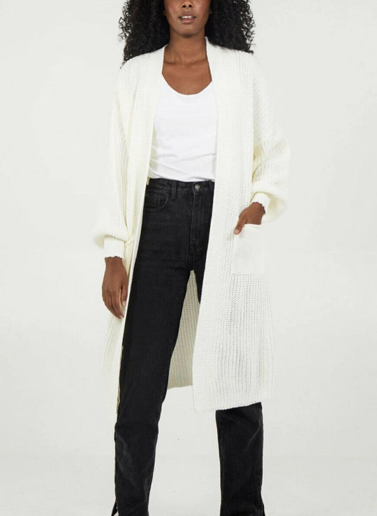 Damen Langer Strickcardigan mit voluminösen Ärmeln und offenem Schnitt Heidi-Mode