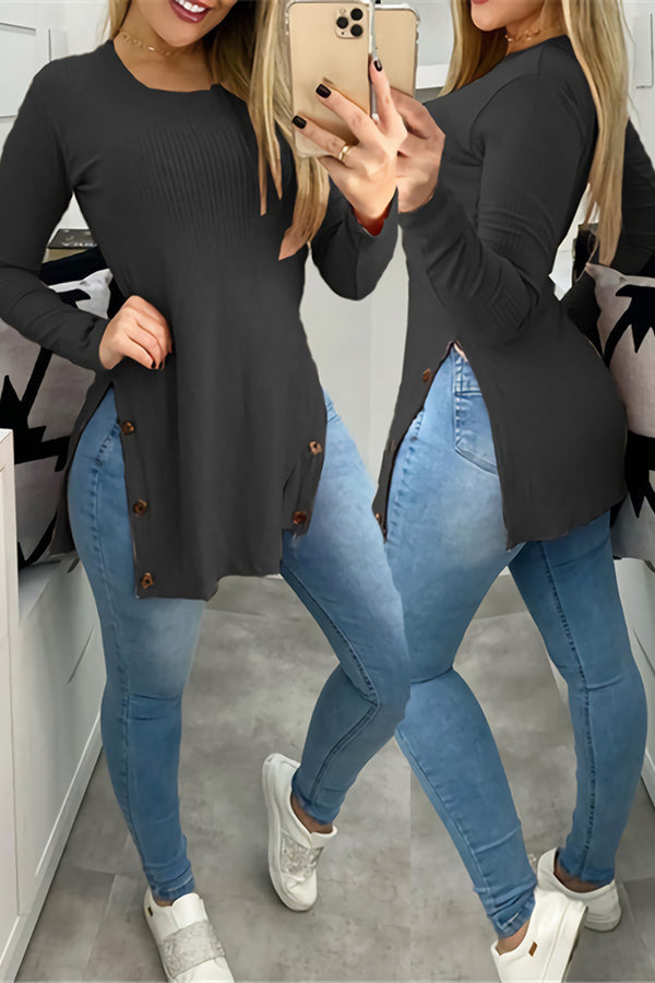 Heidi-Mode | Knopf Spalte Asymmetrisches Tunika Top