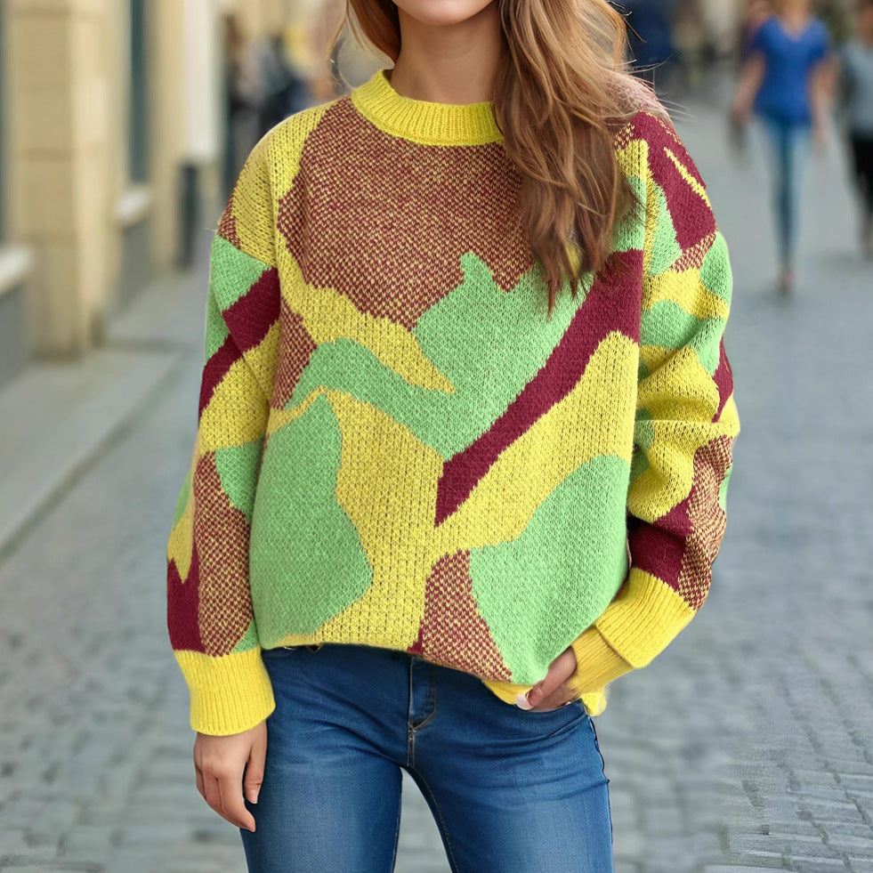 Damen gemütlicher Strickpullover mit modernem Farbblockdesign Heidi-Mode
