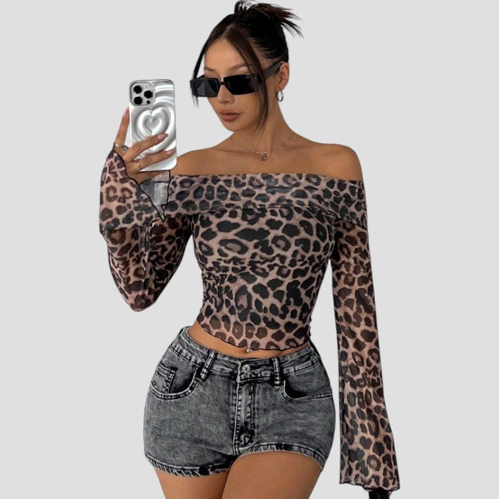 Heidi-Mode | Frauen Off Shoulder Leopardprint Mesh Oberteil Flare Ärmel