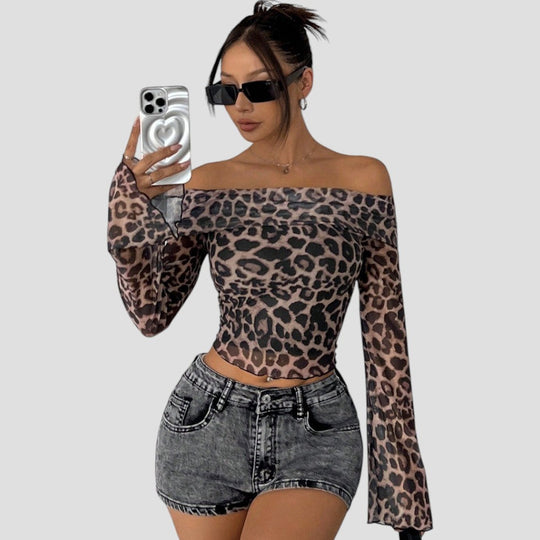 Heidi-Mode | Frauen Off Shoulder Leopardprint Mesh Oberteil Flare Ärmel