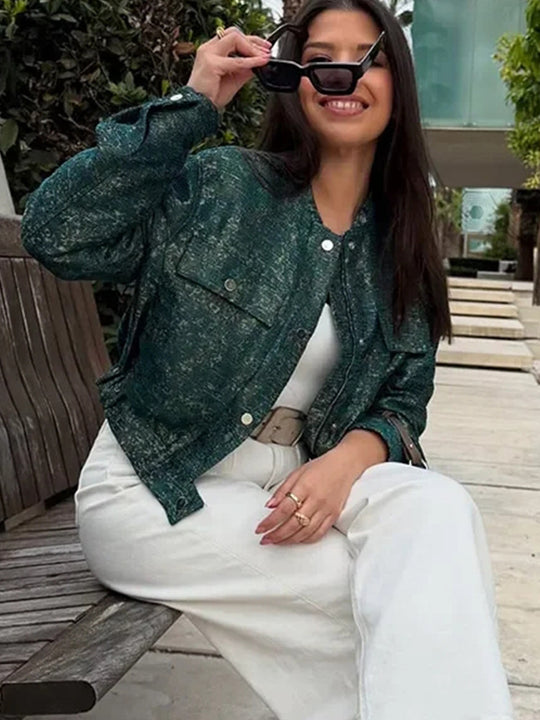 Damen modische Utility-Jacke mit Taschen und Druckknöpfen Heidi-Mode