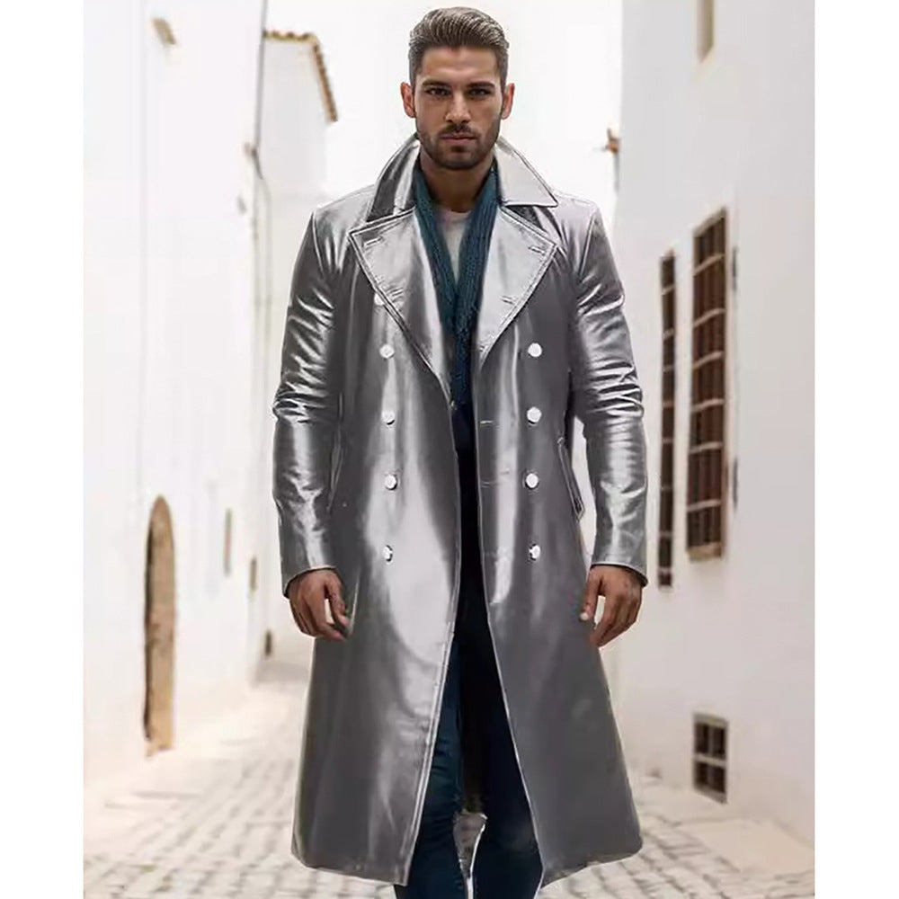 Herren Eleganter, glänzender Trenchcoat mit abnehmbarem Kragen Heidi-Mode