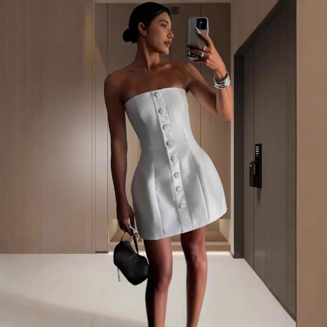Damen Bustier Minikleid mit Knopfleiste und strukturiertem Oberteil Heidi-Mode
