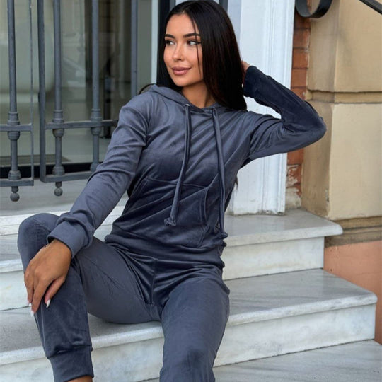 Damen sportlicher Velours-Jogginganzug mit Kapuze und elastischem Bund Heidi-Mode