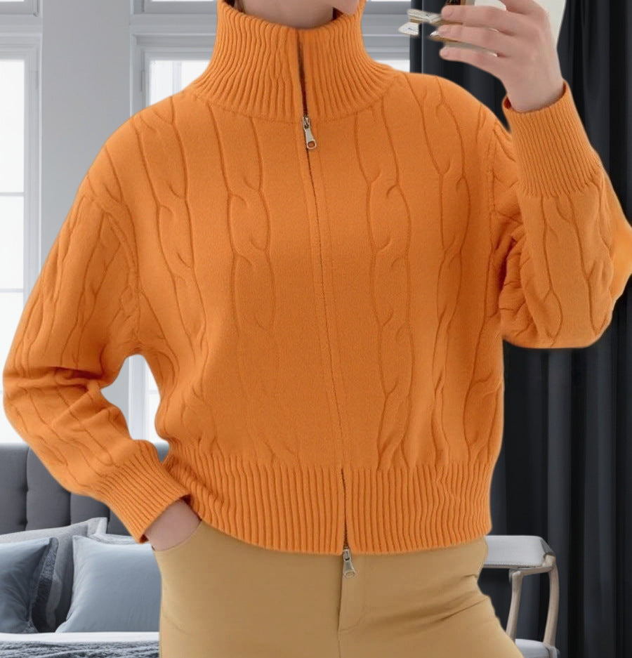Damen Strickpullover mit hohem Kragen und Reißverschluss Heidi-Mode