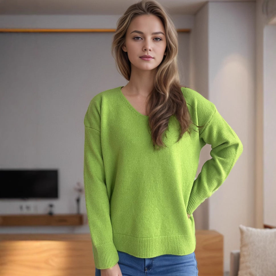 Damen lässiger V-Ausschnitt Pullover mit modernem Strukturdesign Heidi-Mode