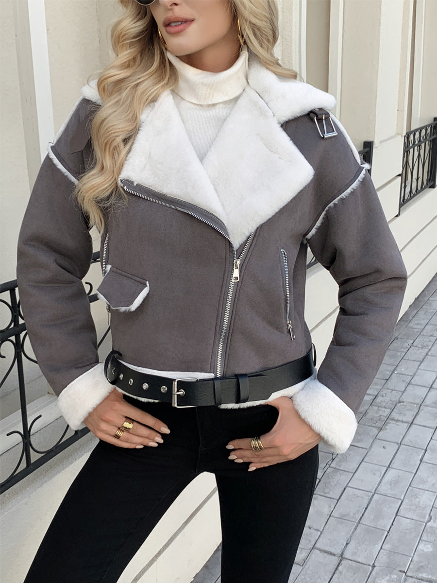 Damen modische jacke mit Kunstfellkragen und Gürtel Heidi-Mode