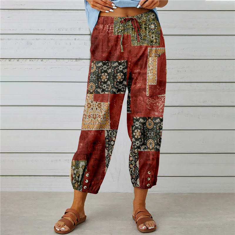Damen lässige Pant mit floralem Druck und praktischen Knöpfen Heidi-Mode