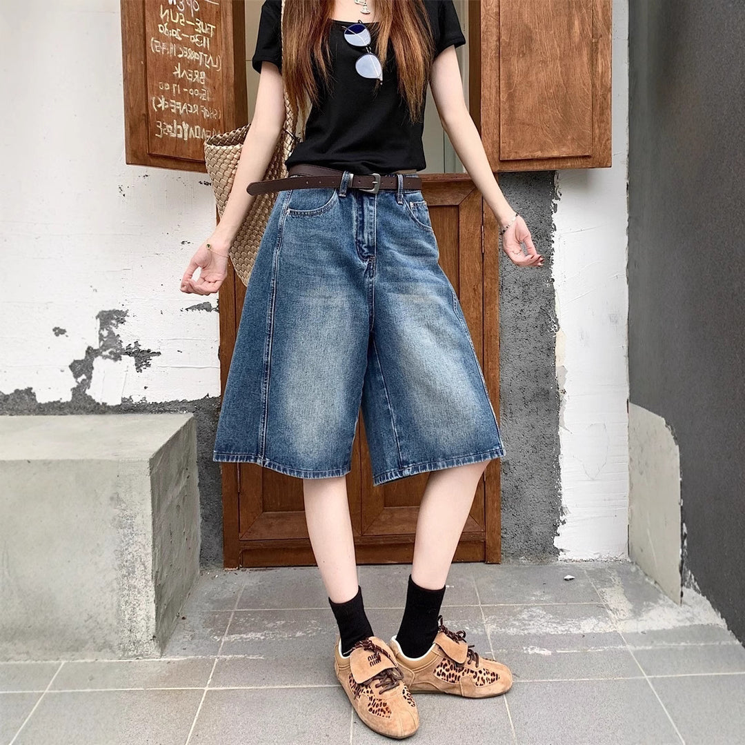 Damen weite Denim-Shorts im modernen Design mit praktischen Taschen Heidi-Mode