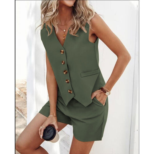 Damen modernes Weste-Hosen-Set mit Knopfdetails Heidi-Mode