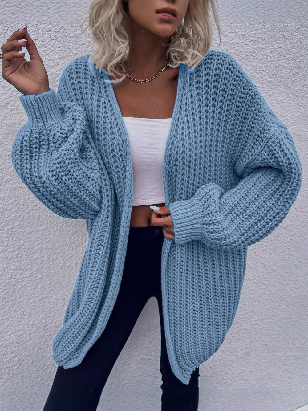 Damen lässiger Grobstrick-Cardigan mit tiefen Taschen und voluminösen Ärmeln Heidi-Mode