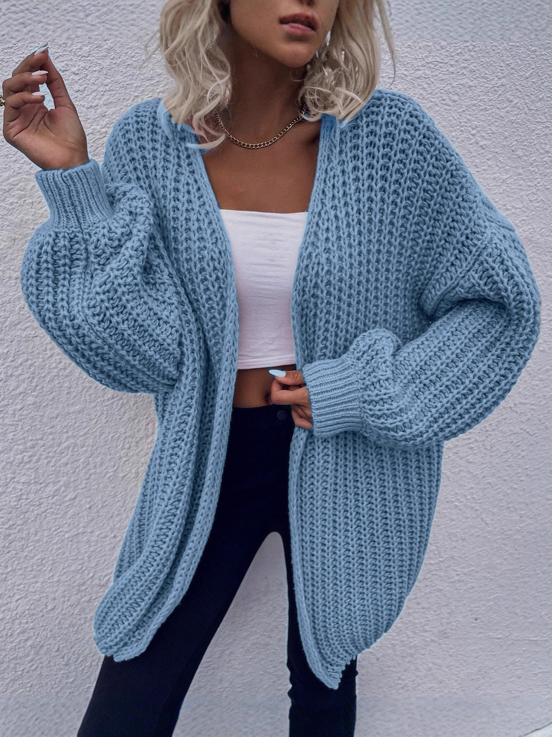 Damen lässiger Grobstrick-Cardigan mit tiefen Taschen und voluminösen Ärmeln Heidi-Mode