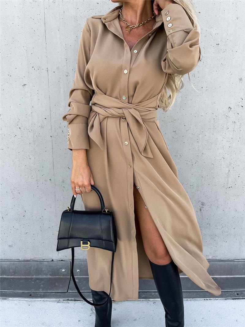 Damen Lange Hemdbluse mit Bindegürtel und elegantem Material Heidi-Mode