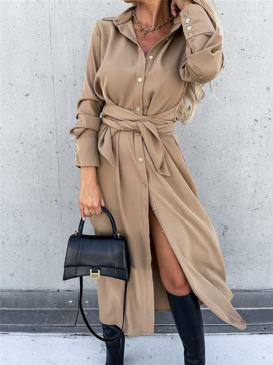 Damen Lange Hemdbluse mit Bindegürtel und elegantem Material Heidi-Mode