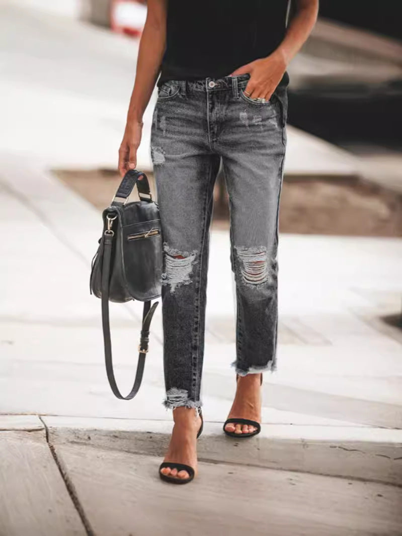 Damen Ripped Denim-Jeans mit lässigem Schnitt und ausgefranstem Saum Heidi-Mode