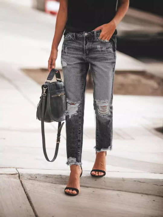 Damen Ripped Denim-Jeans mit lässigem Schnitt und ausgefranstem Saum Heidi-Mode
