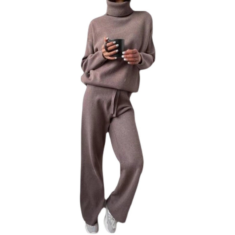Damen elegantes Strick-Loungewear-Set mit hohem Kragen und weitem Bein Heidi-Mode