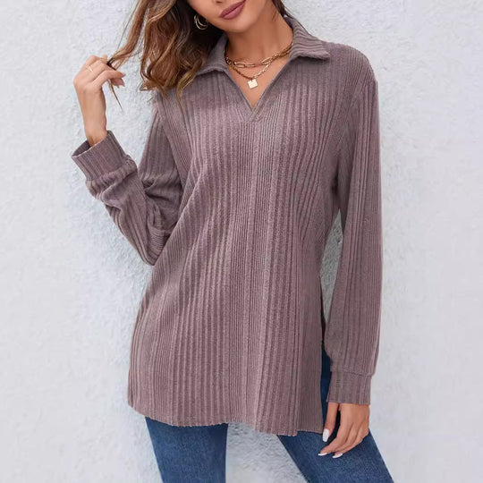 Damen Langarm Shirt mit strukturiertem V-Ausschnitt und schmalen Rippdetails Heidi-Mode