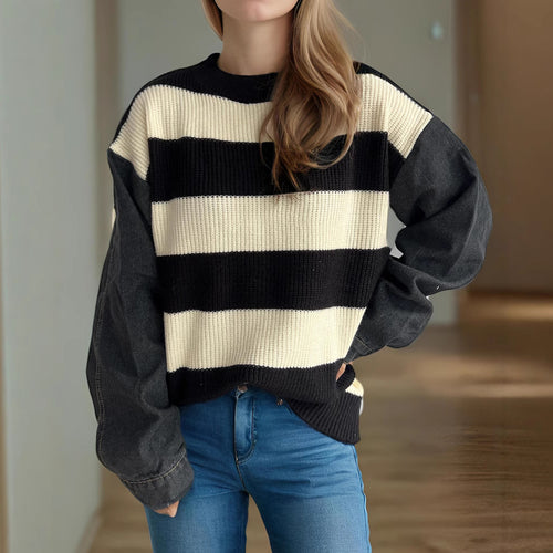 Damen lässiger Strickpullover mit auffälligem Blockstreifenmuster und weiten Ärmeln Heidi-Mode