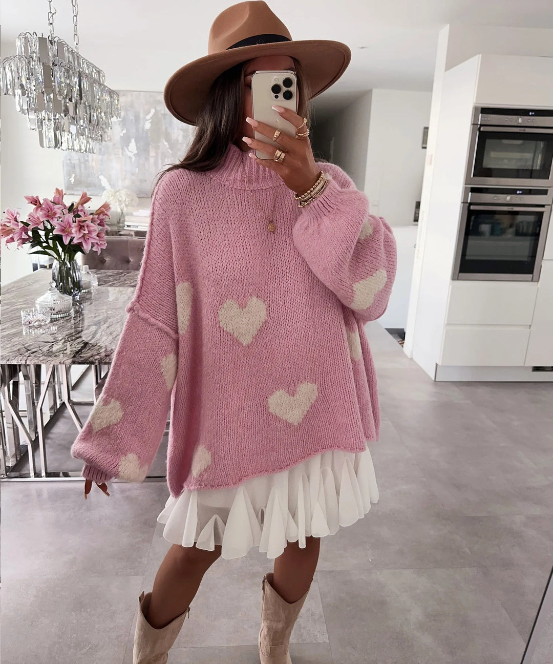 Damen grob gestrickter Pullover mit Herzmotiven und lässigem Schnitt Heidi-Mode