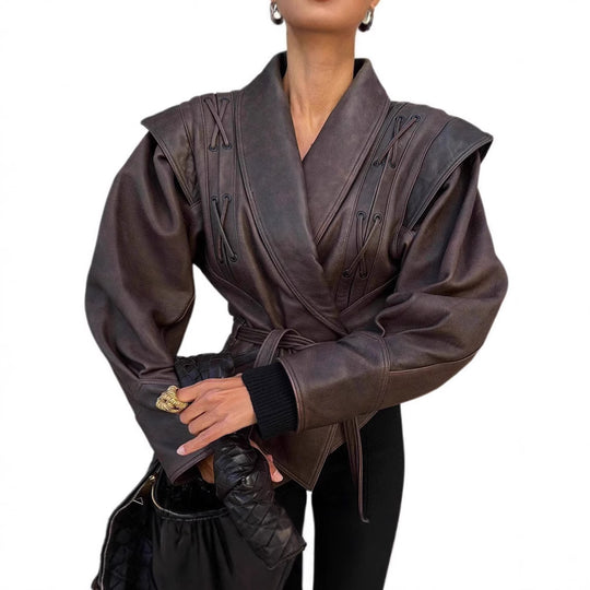 Damen Designer blazer mit Gürtel und dekorativen Schnüroptiken Heidi-Mode