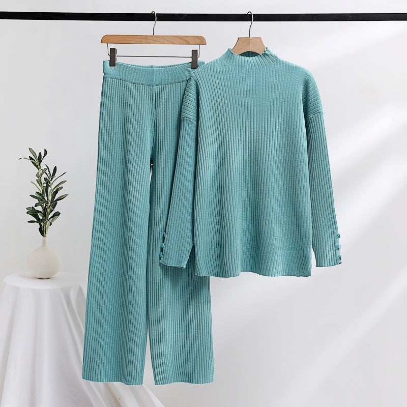 Damen lässiger Strickanzug mit Stehkragen und Knopfdetails Heidi-Mode