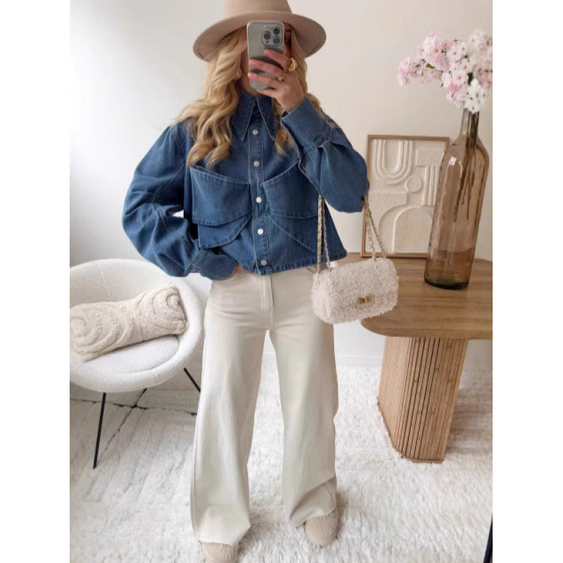 Damen stylische cropped Denimjacke mit praktischen Taschen Heidi-Mode
