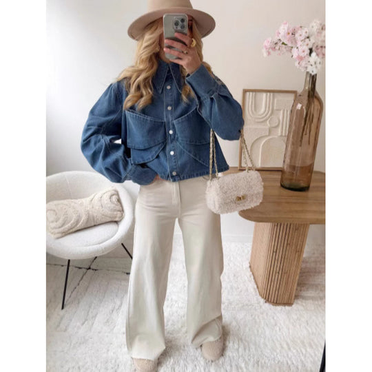 Damen stylische cropped Denimjacke mit praktischen Taschen Heidi-Mode