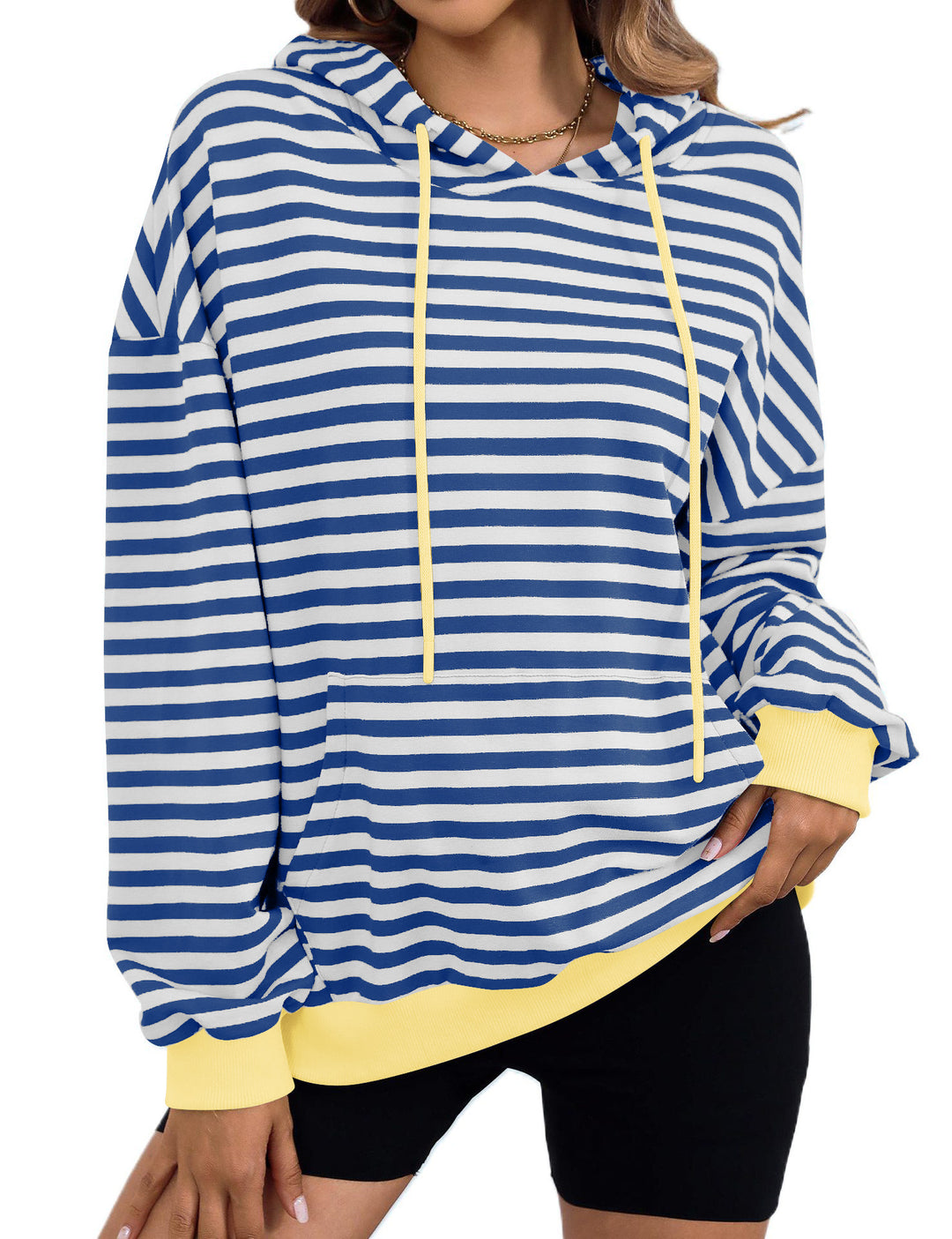 Damen gestreifter Kapuzenpullover mit stylischer Kängurutasche Heidi-Mode