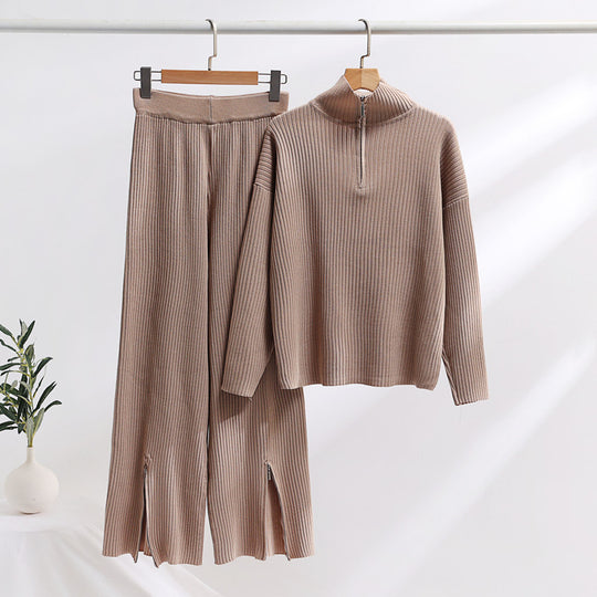 Damen lässiges Strickensemble mit hohem Kragen und seitlichen Schlitzen Heidi-Mode