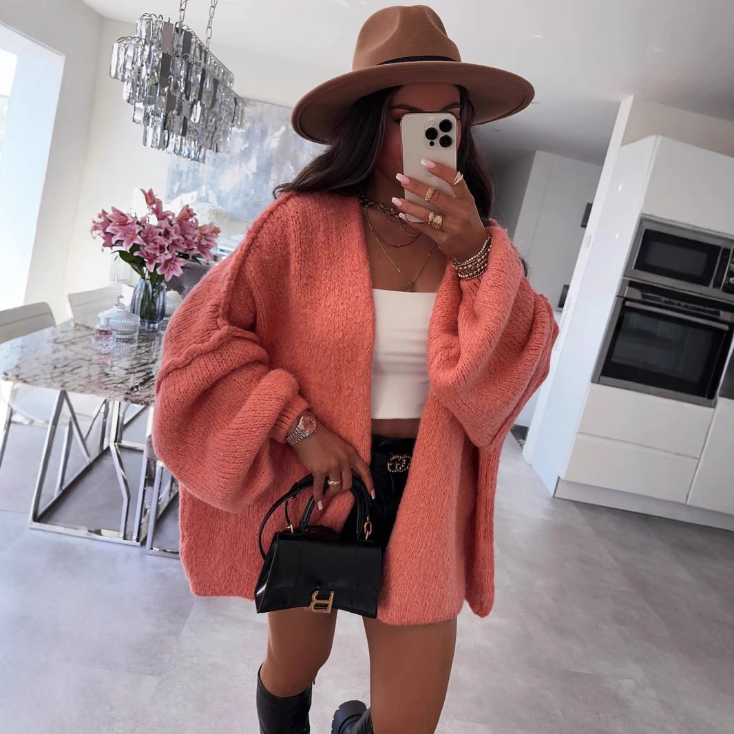 Damen oversized Strickjacke mit lässigen Ballonärmeln und strukturiertem Material Heidi-Mode