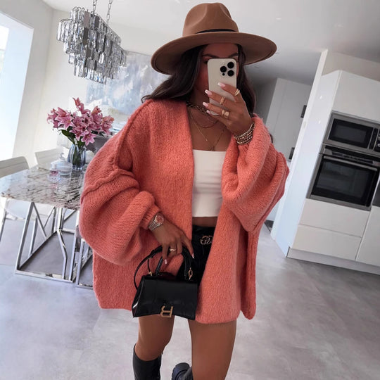 Damen oversized Strickjacke mit lässigen Ballonärmeln und strukturiertem Material Heidi-Mode