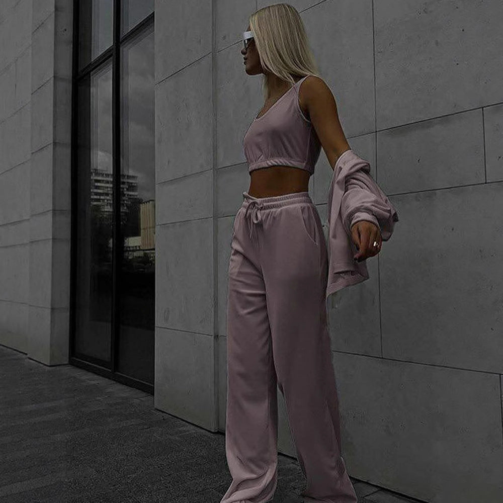Damen lässiges Sport-Set mit hochtaillierten Hosen und cropped Oberteil Heidi-Mode