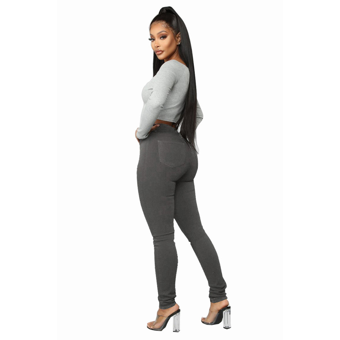 Damen Hochtaillierte Skinny Jeans mit Knopfdetail und elastischem Bund Heidi-Mode