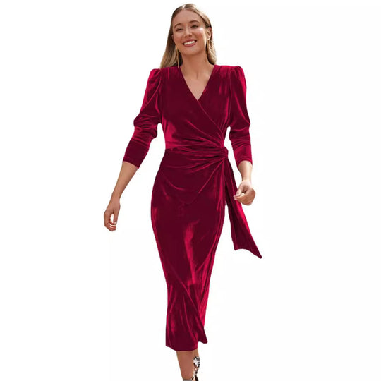 Damen Elegantes Wickelkleid mit Puffärmeln und Goldakzenten Heidi-Mode