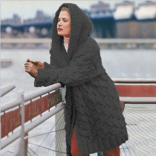 Damen oversized Grobstrickmantel mit Kapuze Heidi-Mode