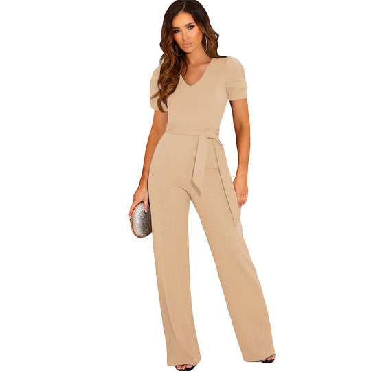 Damen Eleganter Jumpsuit mit Taillengürtel und Puffärmel Heidi-Mode