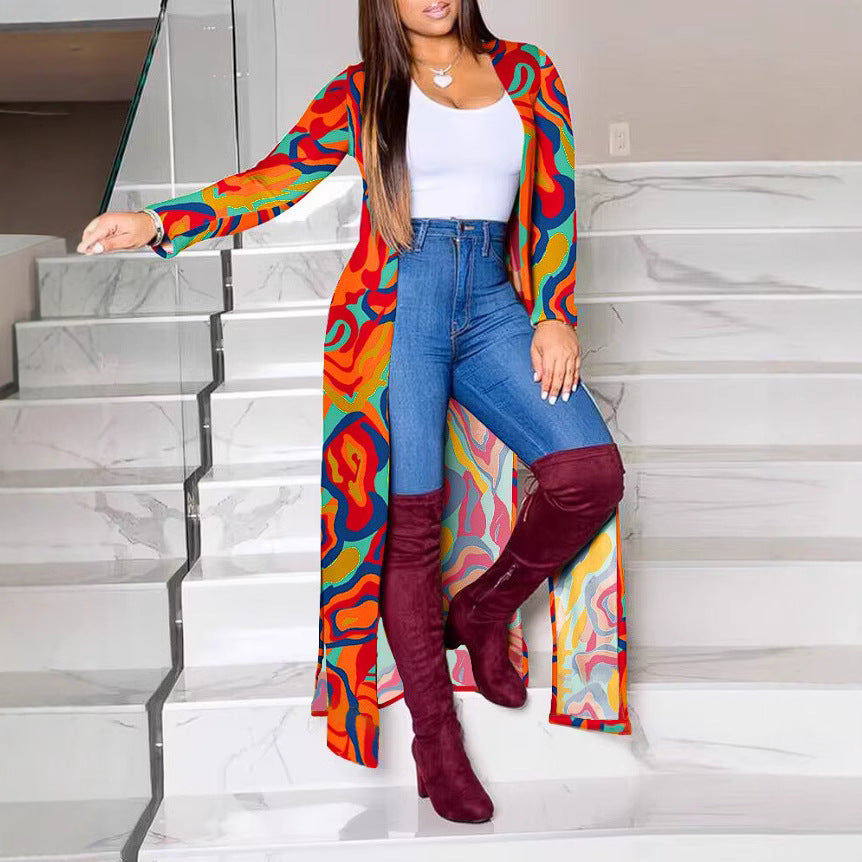 Damen Lange Strickjacke mit modernem grafischem Muster Heidi-Mode