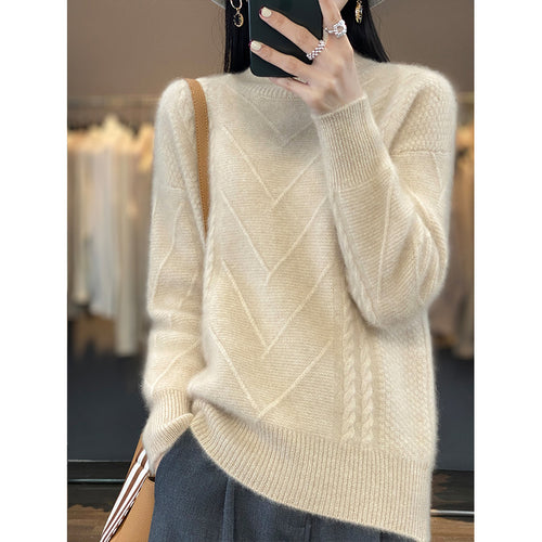 Damen Grobstrickpullover mit innovativem Zopfmuster und hohem Stehkragen Heidi-Mode