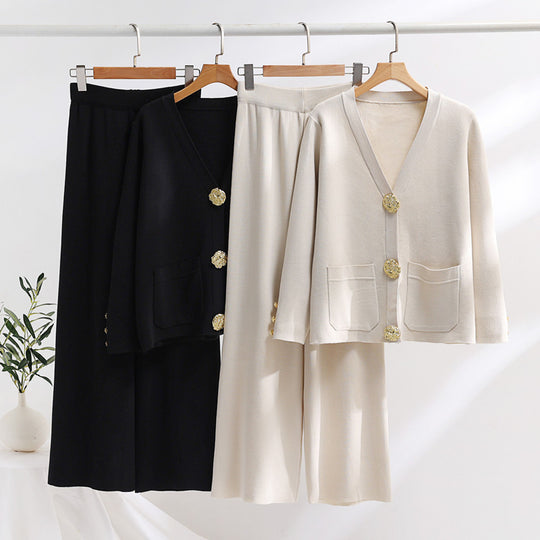 Damen elegantes Strick-Loungewear-Set mit weiten Bein und schönen Knöpfen Heidi-Mode