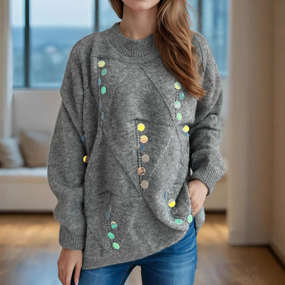 Damen lässiger Pullover mit dekorativen Pailletten und strukturiertem Maschenmuster Heidi-Mode