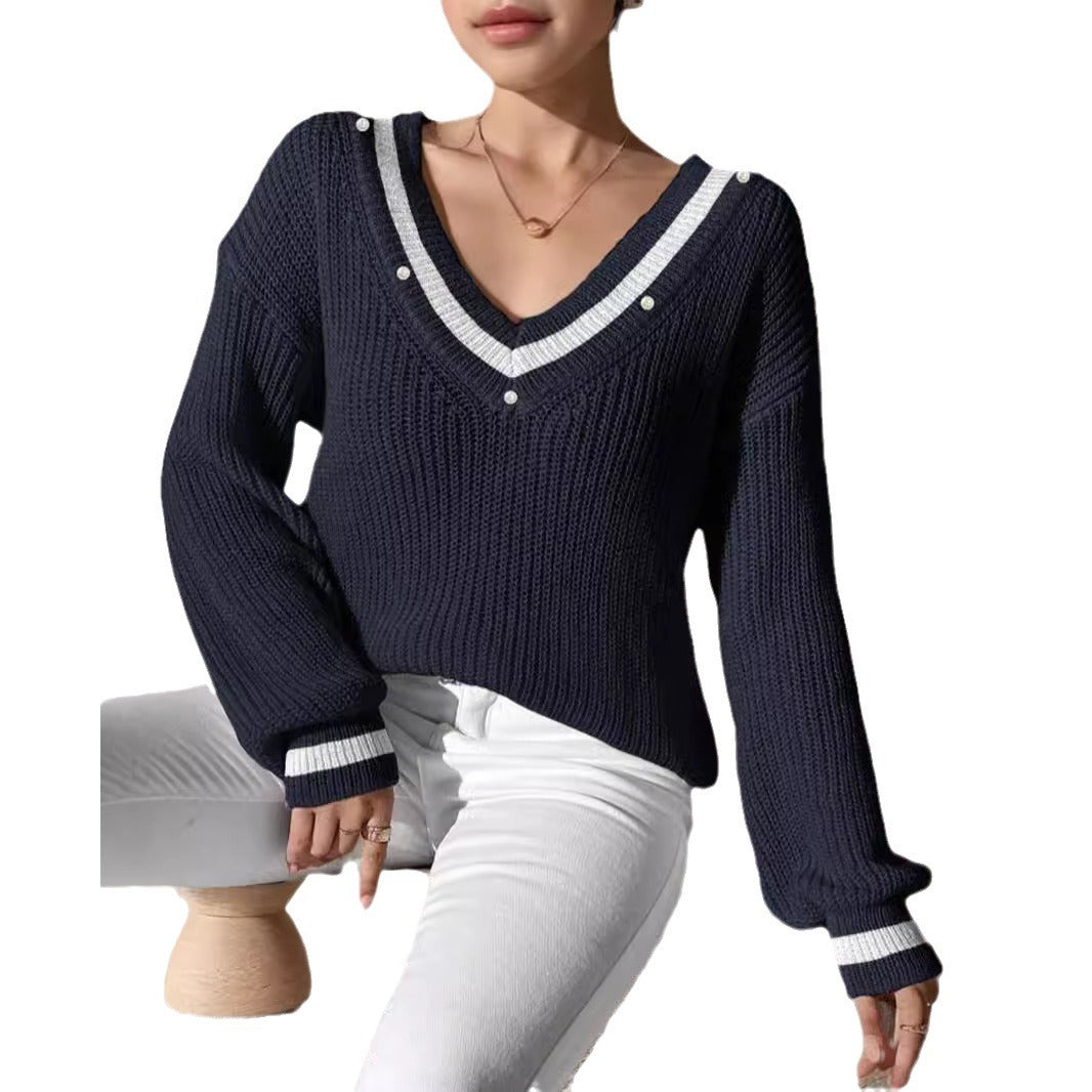 Damen lässiger Pullover mit V-Ausschnitt und dekorativer Knopfleiste Heidi-Mode