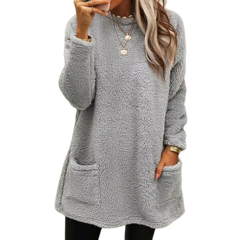 Damen Pullover mit weichem Teddy-Fleece und praktischen Taschen Heidi-Mode