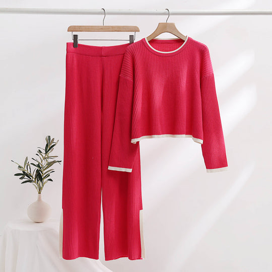 Damen lässiges Strickensemble mit hohem Bund und kontrastierenden Bündchen Heidi-Mode