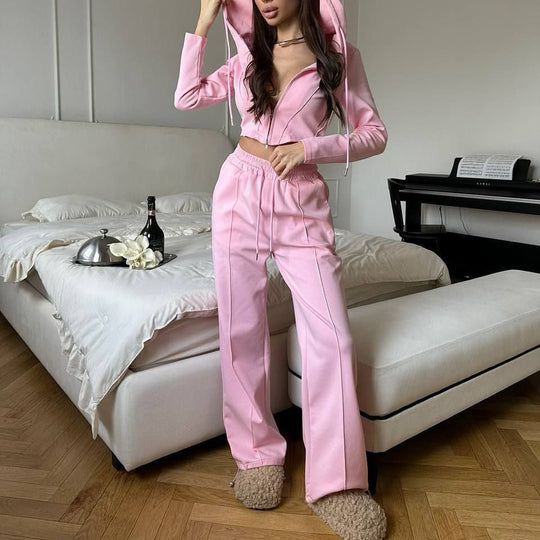 Damen Loungewear-Set mit Zip-Hoodie und weitem Bund Heidi-Mode