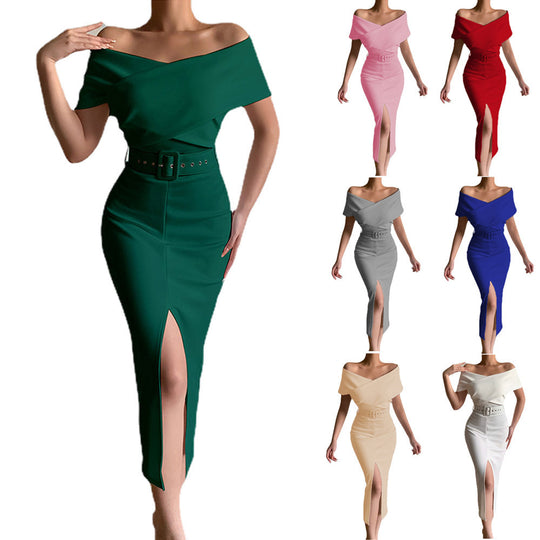 Damen Etuikleid mit schulterfreiem Design und hohem Schlitz Heidi-Mode